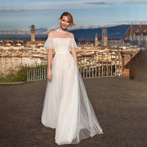 Stylish High Neck Wedding Dresses 2021 A Line Beach Formal Gown Floor Length Wedding Party Dress Bride