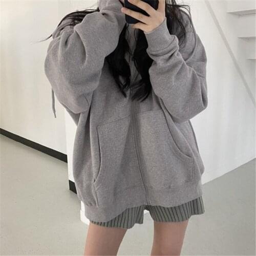 Winter Casual Streetwear hoodie Harajuku Soft cotton Warm Thin Zipper Y2K Women sweetshirts All-match Top Solid Loose Oversized