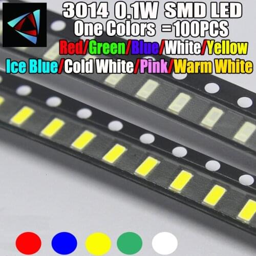 100pcs New 3014 0.1W 3.0 * 1.4 MM 2.0-3.2V Red/Green/Blue/White/Yellow Ice Blue Pink Warm White SMD LED kit
