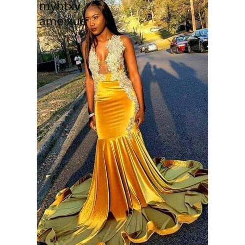 2020 South African Sexy Gold Prom Dresses Black Girls V Neck Sleeveless Wear Evening Party Gowns Plus Size Custom Dress Elegant