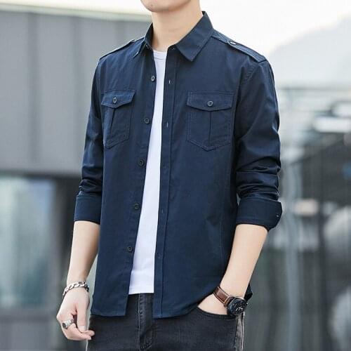 #4739 Khaki Blue Green Casual Military Cargo Shirt For Men Long Sleeves Slim Fit Mens Shirts Cotton Lapel Collar Plus Size 5XL