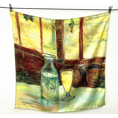 90cm Luxury Van Gogh Oil Painting Sunflower Flower SquareWomen Hijab Bandana Handmade Curled Twill Shawl Silk Scarf Head Scarves