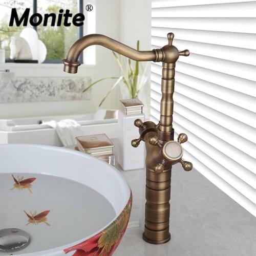 Monite Antique Brass Solid Brass Deck Mounted Dual Handles Bathroom Sink Mixer Faucet Counter Top Hot and Cold Water Mixer Taps
