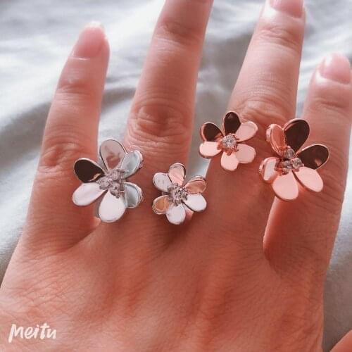 Bilincolor fashion silver color double flower with cubic zirconia open ring for women adjustable ring
