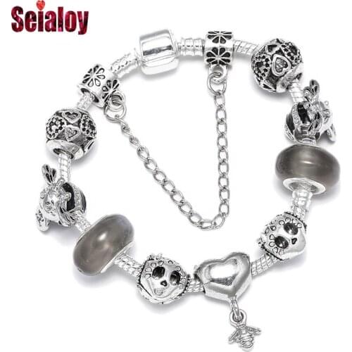 Seialoy Fashion Silver Color Shiny Flower Skull Beaded Love Heart Bee Charm Bracelets For Women Men Original New Bracelet Gifts
