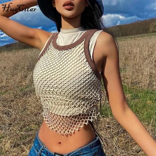 Hugcitar 2021 Sleeveless Solid Print Mesh Sexy Hole 2 Tank Tops Summer Women Fashion Streetwear Outfits Camis