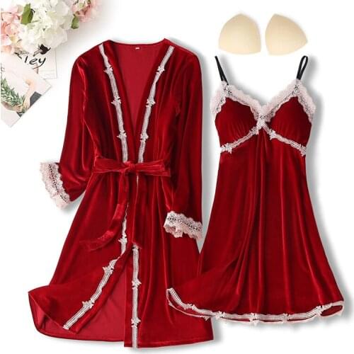 Spring Velour 2PCS Robe Gown Sets Womens Nighty Bathrobe Nightgown Sleep Suit Lace Kimono Sleepwear Chest Pads Nightdress