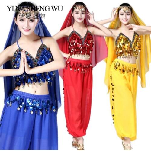 New Belly Dance Sequins Festivals Stage Performance Clothing Indian Dance Sequins Performance Costumes 3pcs(Top+Pants+Head veil)