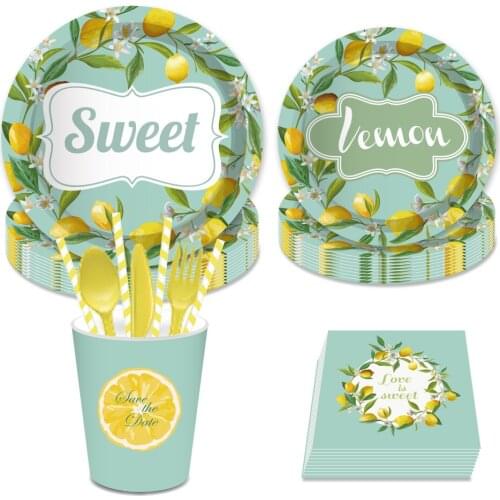 Summer Fresh Green Lemon Fruit Cups and Disposable Tableware Sets for Baby Shower Party Decorations Happy Birthday Party Favors