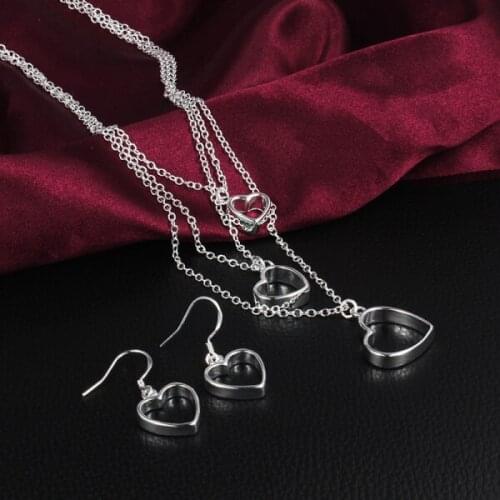 Hot 100% 925 sterling Silver Jewelry set for women Love Heart necklace earrings Fashion classic wedding Party Christmas Gifts