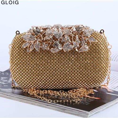 Metal Diamonds Clutch Leaf Chain Shoulder Party Evening Bags Golden Wedding Handbags Dinner Cocktail Purse