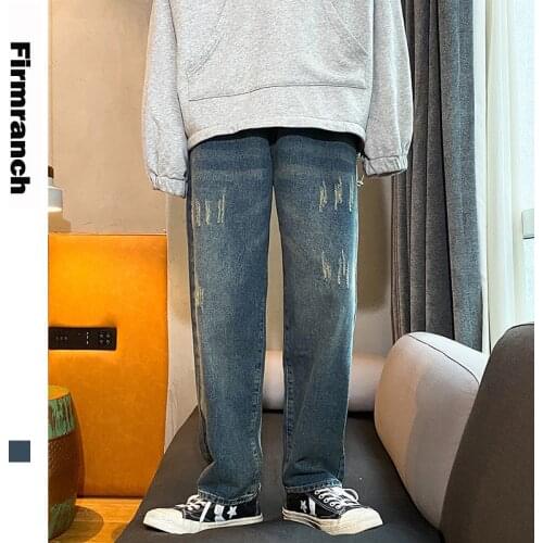 Firmranch 2020 Spring/Autumn American Distressed Straight Trousers Men Wide Leg Loose Jeans Youth Retro Blue Long Demin Pants