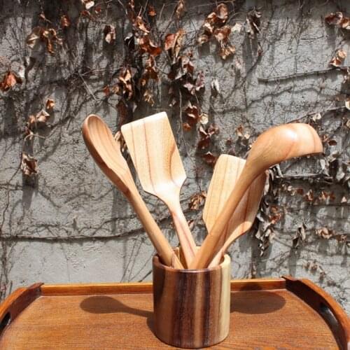 Set of 5 Wooden Non-Stick Pan Special Cooking Wooden Shovel Long Handle Wooden Spatula Big Spoon Wood Kitchen Utensils