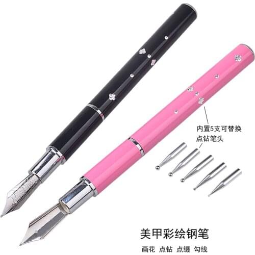 Nail Art Fine Lace Drawing Pen with Metallic 5 Pen Tips Stainless Steel Dotting for Salon Manicure DIY Nail Art Tools