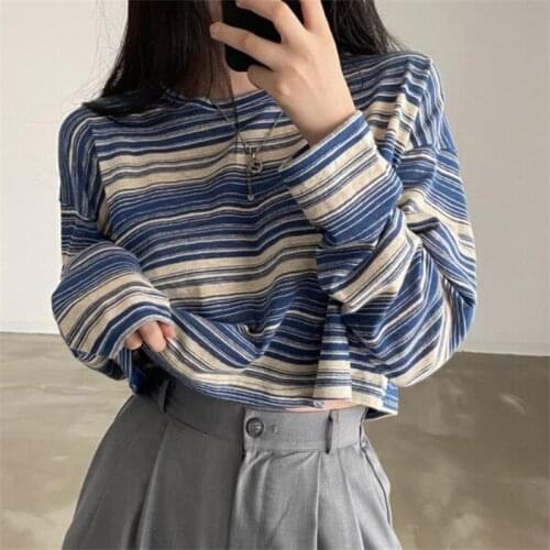Autumn Korean Style Chic Long-sleeves T-shirt Harajuku O Neck Cotton Polyester Top Striped Loose Short Pullover Shirt For Women