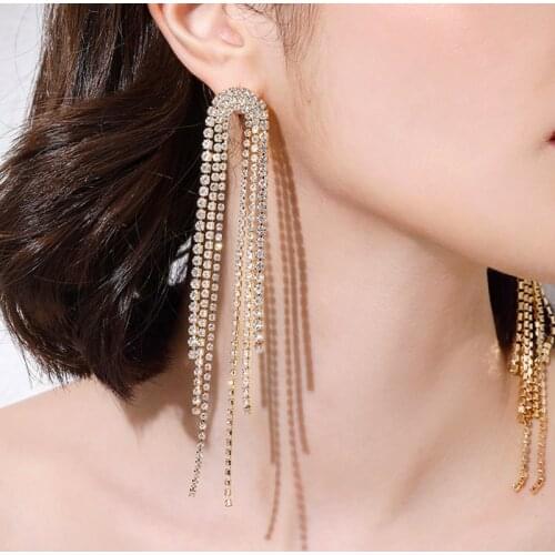 ARLIE Fashion Long Tassel Shiny Crystal Drop Earrings for Women Geometric Full Rhinestone Dangle Earrings Statement Jewelry Gift