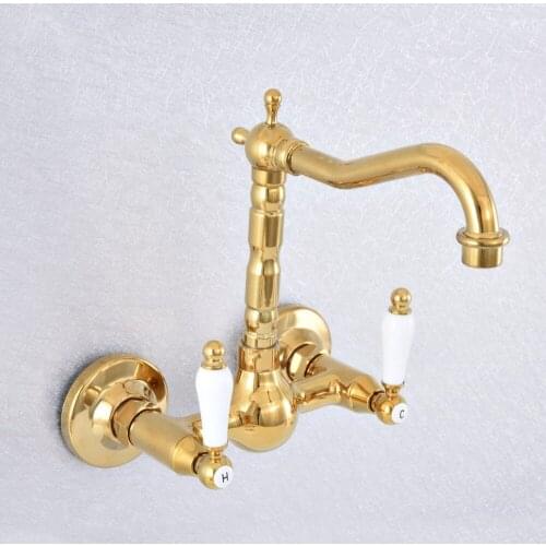 Bathroom Faucet Gold Color Brass Kitchen Mixer Tap Faucet Wall Mounted Dual Handle Hot And Cold Taps Nsf616