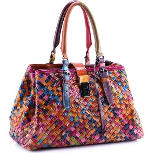 Female Tote Bolsas Hobos Fashion Multicolour Genuine Leather Bags knitting Weave Handbags Womens Shoulder Bag Colorful