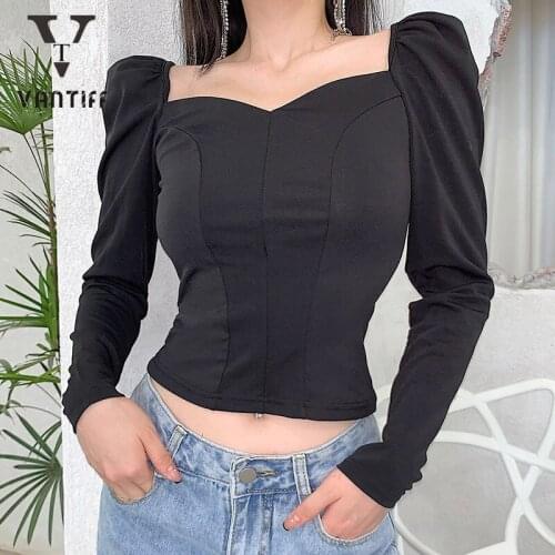 Bodycon T-shirt Women 2020 Autumn New Ins Retro Court Wind V-neck Long-sleeved Shirt Gothic Punk Clothes for Female Streetwear