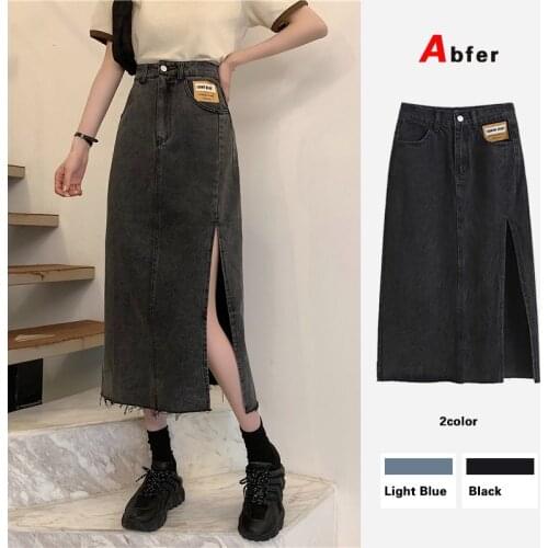 Abfer High Waist Midi Skirt Women Korean Fashion Vintage Denim Skirt Split Blue Sexy Bodycon Jeans Skirt Plus Size Summer Y2k