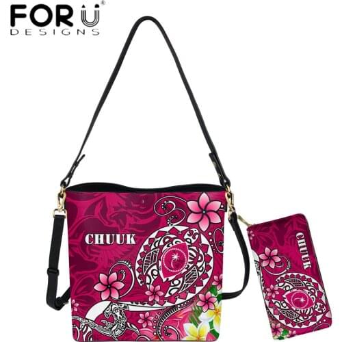 FORUDESIGNS Luxury Design Chuuk Polynesian Turtle And Flower Printed Lady Bucket And Purse Set Female Party Beach Messenger Sac