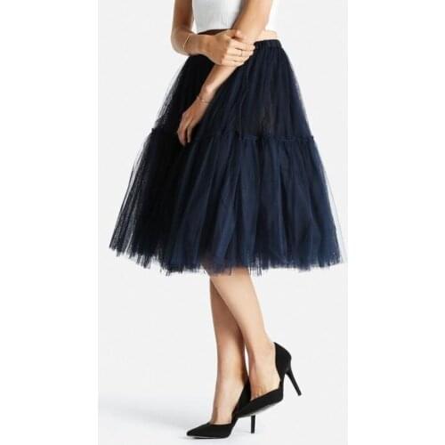 Dark Navy Blue Soft Tulle Skirts Women 2018 Elastic Knee Length Tulle Skirt Women Custom Made Bridesmaid Tulle Skirt Elastic