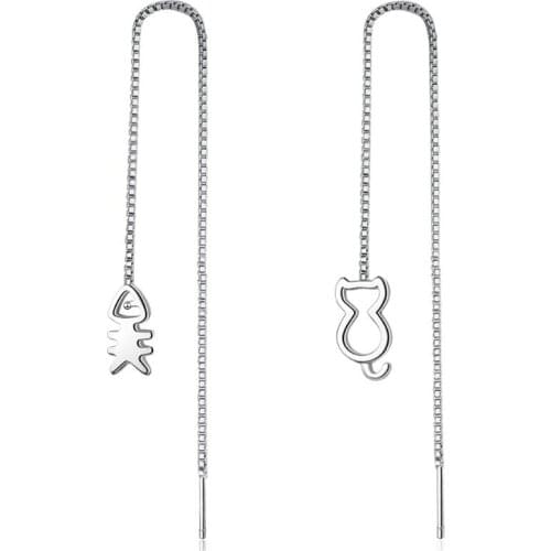 New Cute Cat Fish Hollow Asymmetry Ear Line Long Earrings For Women 925 Sterling Silver Pendientes Jewelry Gift Brincos SAE44