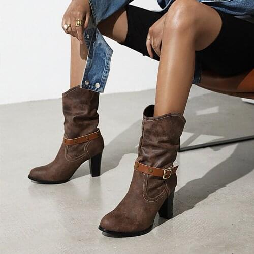 Retro Women PU Leather Ankle Boots Strap buckle autumn Winter high heel boots Ladies Shoes Pointed toe Vintage Botas Mujer 33 34