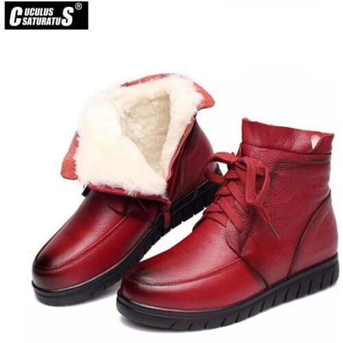 CUCULUS 2021 Women Snow Boots Vintage Genuine Leather Natural Wool Fur Winter Warm Ankle Boots For Women Flat Mother Shoes 2007