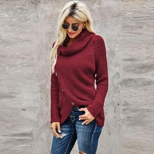 Autumn Spring Womens Sweater Cowl Neck Long Sleeve Irregular Button Sweaters Pullover Tops Fashion Lady Knit Sweaters Wholesale