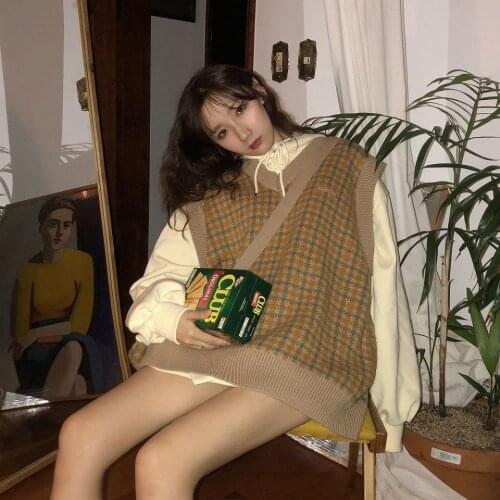 Zadily Korean Style Sleeveless V Neck Womens Sweater Loose Plaid Embroidery Knit Ladies Vest 2021 Autumn Winter Female Clothing