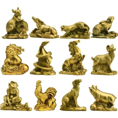 1PCS Chinese Zodiac Figurines Signs Golden Brass Animal Statues Mascot Lucky Fengshui Ornament for Desktop Shelf Display Decor