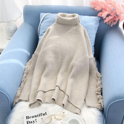 2021 Winter New Tassel Women Sweater Turtleneck Flare Sleeve Solid Knitted Fashon Loose Sweaters Lady Elegant Pulls Outwear Coat