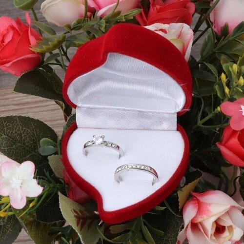 Double Wedding Rings Box Velvet Heart Shape Red Rose Flower Box Jewelry Display F3MF