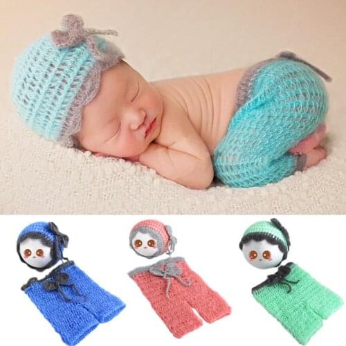 Mohair Newborn Baby Knitted Costumes Photography Props Crochet Hat Bonnet+Pants 2 pcs Set Infant Pictures Clothes