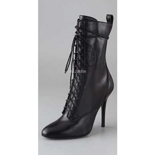 New Black Leather Lace-up Women Ankle Boots Fashion Stiletto Heel Short Boots Lady Large Size Dress Shoes Dropship