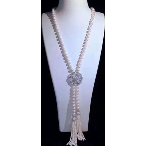 Hand knotted 8-9mm white freshwater pearl micro inlay zircon accessories tassels sweater necklace long 70 15cm