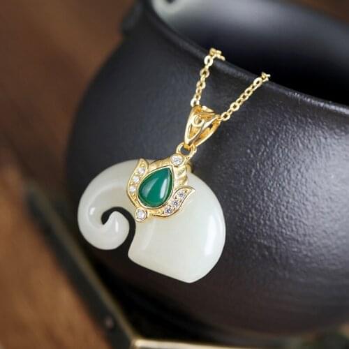 S925 Silver Mosaic and Hetian White Jade and Green agate Fuxiang Natural High-grade Clavicle Chain Hanging Pendant