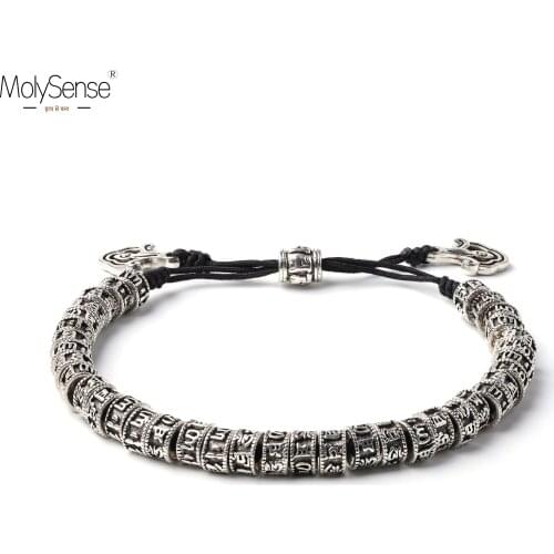 MolySense Tibetan Tibet Alloy Beads Bracelet Six Words Mantra Handmade Black Knot Antiqued Metal Amulet Beads Bracelet For Men