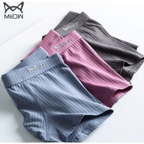 MiiOW Genuine Mens Underwear Pure Cotton Boxer Shorts Solid Color Breathable Antibacterial Boxer Shorts 3 PCS Trendy Students