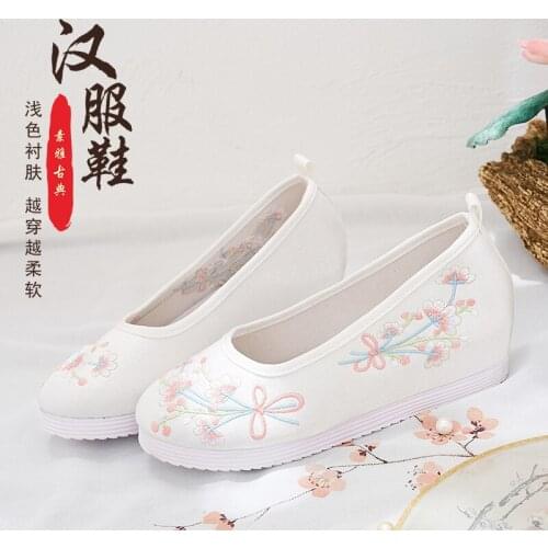 New shoes spring summer childrens ancient style inner height embroidery, original bow shoes with raised head and flat bottom
