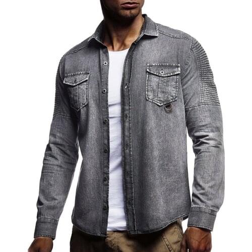Vintage Denim Shirt Men Slim Fit Streetwear Asual Jean Jacket Pleated Long Sleeve Buttun Up Blusas Masculina Washed Jeans Shirt