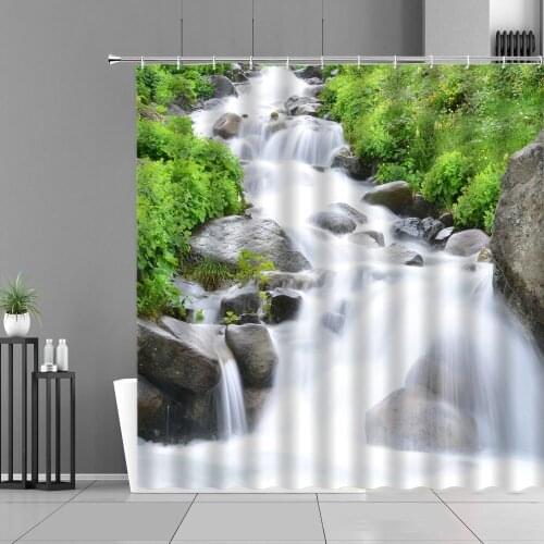 Waterfall Landscape Shower Curtain Green Plant Forest Tree River Mountain Scenery Home Decor Cloth Waterproof Bathroom Curtains