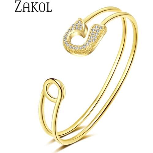 ZAKOL Luxury Cubic Zirconia Pin Shape Creative Adjustable Cuff Bracelet for Women Trendy Wedding Dinner Birthday Gift Jewelry