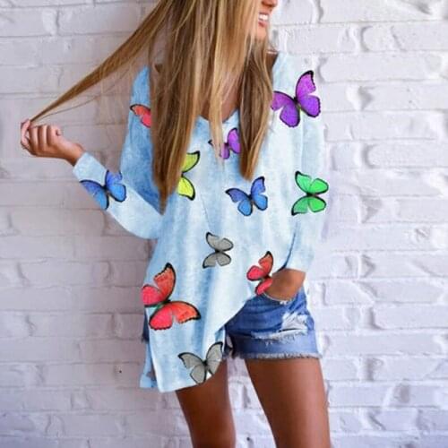 Fashion Women T Shirts Ladies Tops 2021 Long Sleeve Autumn Tops V Neck Butterfly Print Shirts Plus Size Harajuku Shirt