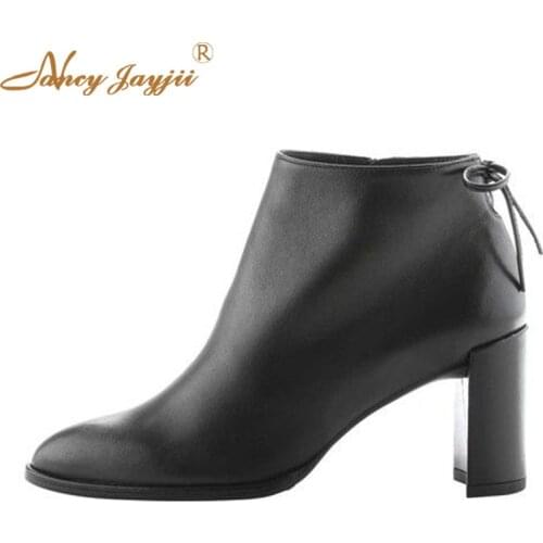 Genuine Leather Cow Leather Women Adult Lady Boots Black Solid Ankle Round Toe Super High Square heels Concise Nancyjayjii 2019