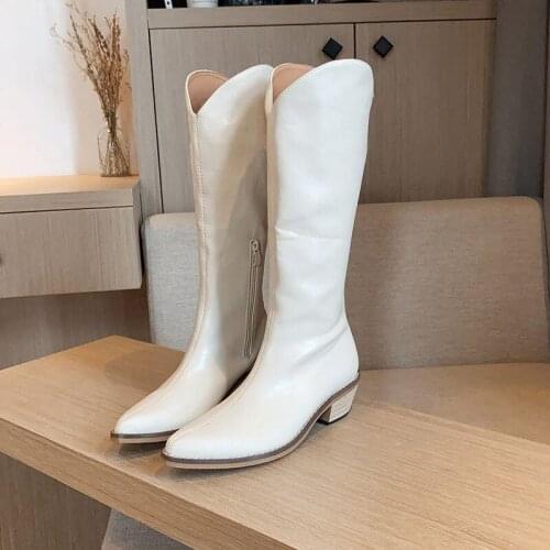 New Leather Women Knee High Boots Western Cowboy Boots Women Boots Shoes Female Autumn Winter Boots Size 43 Women Shoes 2021