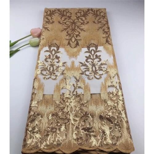 Gold Color African Sequins Lace Fabric French Embroidery Sequins/Stones Tulle Fabric African Lace Fabric For Aso Ebi Wedding HSF
