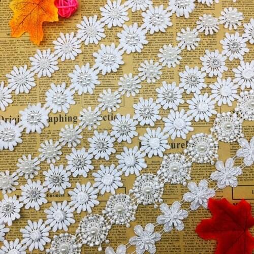 1 Yd Soluble Daisy Flowers Pearl Lace Trim Rhinestones Ribbon Beaded Sewing Craft For Headband Hat Wedding Dress Decoration
