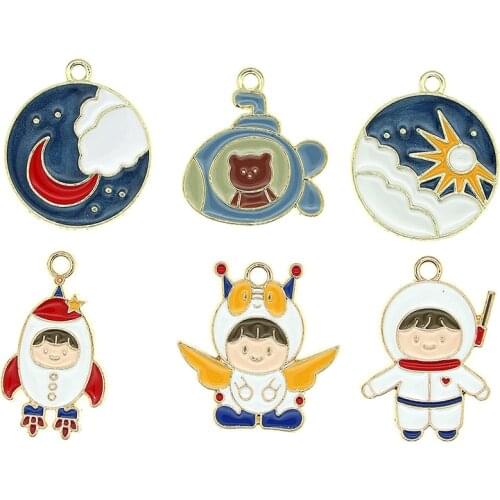 10pcs Starry Sky Moon Sun Universe Astronaut Rocket Bear Submarine Cute Enamel Charms For Earrings Bracelet DIY Jewelry Making